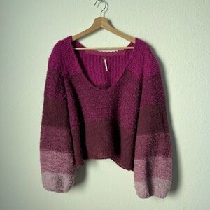 Free People V-Neck Colorblock Sweater - Magenta and Plum